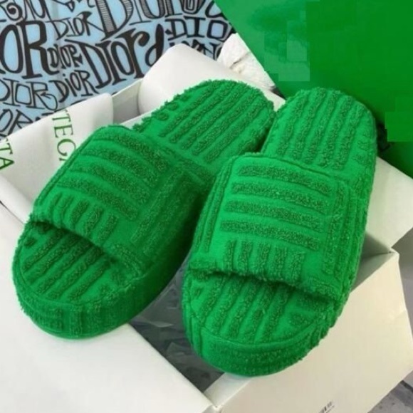 Grass Green Platform Slides Wool Cloth Bottega Veneta Inspired Sandals Shoes - Picture 3 of 11